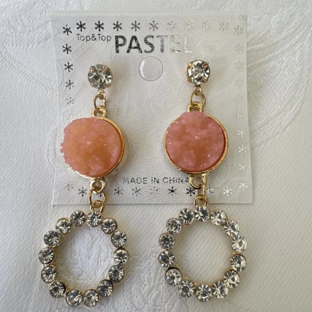 Pastel Faux Pink Stone Crystal Gold Rhinestone Earrings Dangle Drop Party NEW